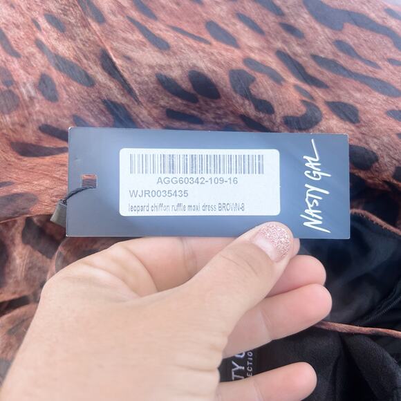 New Nasty Gal Black Magic Leopard Chiffon Ruffle Maxi Dress Long 4 Brown Formal - Picture 10 of 10